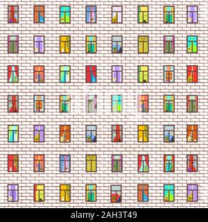Illuminated windows in facade of large apartment building, seamless pattern, panorama multistory city house, brick wall. Multi-colored windows with va Stock Vector