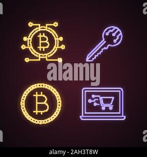 Bitcoin cryptocurrency neon light icons set. Digital key, bitcoin with microchip pathway, coin, online shopping. Glowing signs. Vector isolated illust Stock Vector