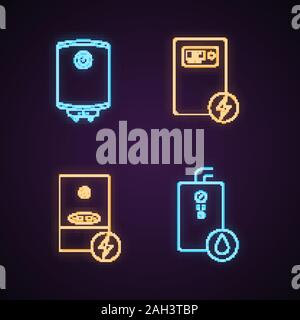 Heating neon light icons set. Central heating system. Electric and gas water heater and heating boilers. Glowing signs. Vector isolated illustrations Stock Vector