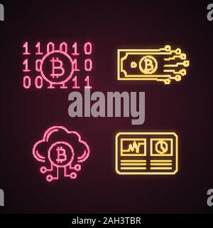 Bitcoin cryptocurrency neon light icons set. Binary code, digital money, cloud mining, hashrate. Glowing signs. Vector isolated illustrations Stock Vector