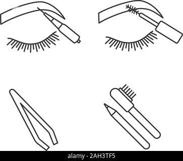 Eyebrows shaping linear icons set. Brows microblading, mascara, cosmetic tweezer, eyebrows contouring pencil and brush. Thin line contour symbols. Iso Stock Vector
