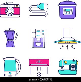 Household appliance color icons set. Photo camera, wire plug, multi cooker, coffee maker, range hood, electric kettle, coffee machine, air conditioner Stock Vector
