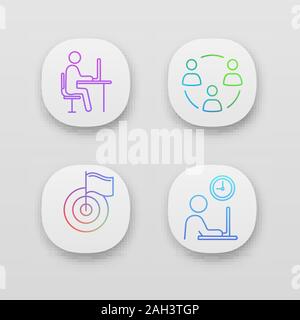 Business management app icons set. Remote job, teamwork, achievement, working hours. UI/UX user interface. Web or mobile applications. Vector isolated Stock Vector
