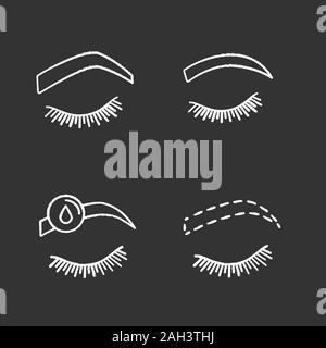 Eyebrows shaping chalk icons set. Steep arched and rounded eyebrows, makeup removal, brows contouring. Isolated vector chalkboard illustrations Stock Vector