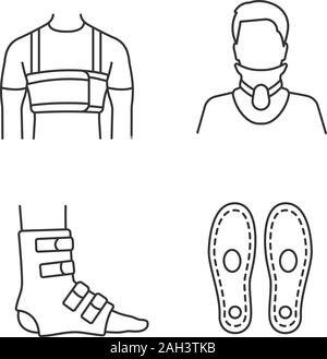 Trauma treatment linear icons set. Surgical men’s rib belt, cervical collar, foot ankle brace, orthopedic insoles. Thin line contour symbols. Isolated Stock Vector