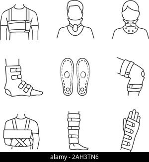 Trauma treatment linear icons set. Rib belt, cervical collar, ankle and knee braces, insoles, shoulder immobilizer, shin support, wrist brace. Isolate Stock Vector