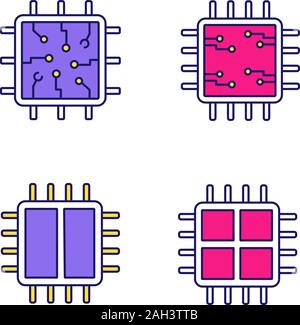 Processors color icon. Chip, microprocessor, integrated unit, dual and quad core processors. Isolated vector illustration Stock Vector