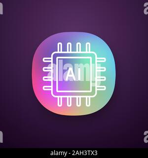AI processor app icon. UI/UX interface. Microprocessor for artificial intelligence system. Microchip, chipset. CPU. Central processing unit. Computer, Stock Vector