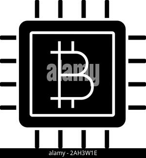 CPU mining glyph icon. Cryptocurrency mining hardware. Bitcoin sign inside microchip. Silhouette symbol. Negative space. Digital money. Vector isolate Stock Vector