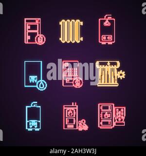 Heating neon light icons set. Boilers, radiators, water heaters. Gas, electric, solid fuel, pellet, solar boilers. Glowing signs. Vector isolated illu Stock Vector