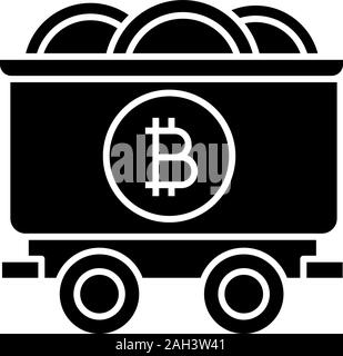 Bitcoin mining business glyph icon. Silhouette symbol. Mine cart with bitcoin coins. Cryptocurrency. Negative space. Vector isolated illustration Stock Vector