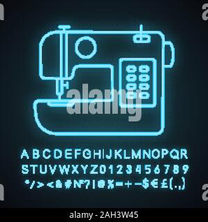 Sewing machine neon light icon. Tailoring. Glowing sign with alphabet, numbers and symbols. Vector isolated illustration Stock Vector