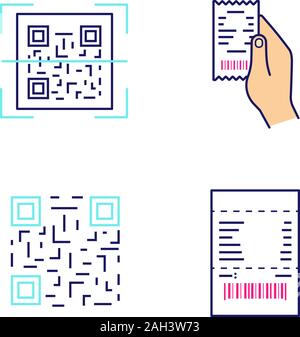 Brcodes color icons set. QR code scanning, paper receipt in hand, matrix barcode, paper check. Isolated vector illustrations Stock Vector
