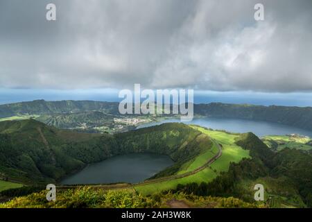 Looking down on Sete Cidades with Lagoa do Canario and Lagoa Rasa on the island of sao Miguel in the Azores. Stock Photo