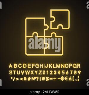 Teamwork neon light icon. Consolidation. Solution finding. Team problem solving. Puzzles. Glowing sign with alphabet, numbers and symbols. Vector isol Stock Vector