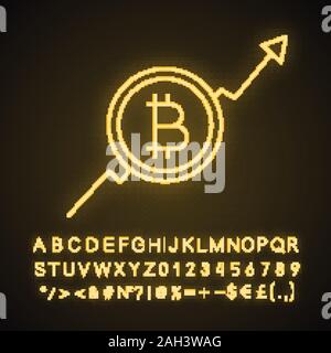 Bitcoin market growth chart neon light icon. Cryptocurrency prices rising. Statistics diagram with bitcoin sign. Glowing sign with alphabet, numbers a Stock Vector