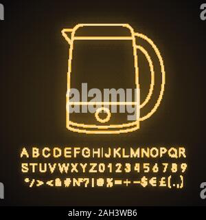 Electric kettle neon light icon. Hot water pot. Kitchen appliance. Glowing sign with alphabet, numbers and symbols. Vector isolated illustration Stock Vector