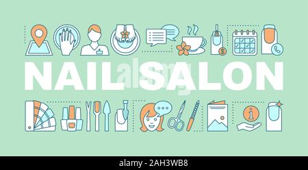 Nail salon word concepts banner. Manicure, pedicure services. Nail polish, instruments. Manicurist. Isolated lettering typography idea with linear ico Stock Vector