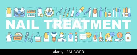 Nail treatment word concepts banner. Manicure, pedicure service. Nail salon. Manicurist. Polish, instruments. Isolated lettering typography idea with Stock Vector