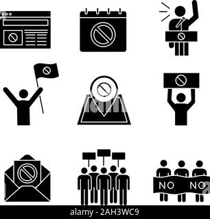 Protest action glyph icons set. Protest banner, date, protester, internet news, location, email, picket, strike, speech. Silhouette symbols. Vector is Stock Vector