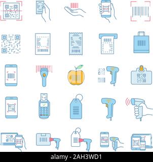 Barcodes color icons set. Linear and matrix bar codes. Barcode reading and scanning apps, devices. Using QR codes in retail industry, inventory contro Stock Vector