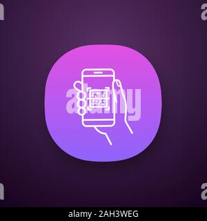 QR code scanner smartphone app icon. UI/UX user interface. Matrix barcode scanning. 2D code reader. Hand holding mobile phone. QR payment. Web or mobi Stock Vector