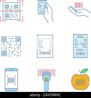 Barcodes color icons set. QR and linear codes scanning app, device, cash receipt, barcode in hand, paper check, product bar code. Isolated vector illu Stock Vector