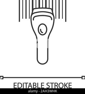 Barcode scanning linear icon. Linear barcode handheld scanner. Thin line illustration. Store, shop, supermarket. Bar code reader. Contour symbol. Vect Stock Vector