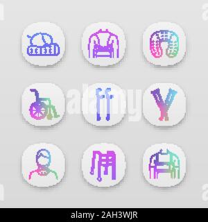 Trauma treatment app icons set. Posture corrector, neck orthopedic pillow, wheelchair, axillary and elbow crutches, cervical collar, walker, rib belt. Stock Vector