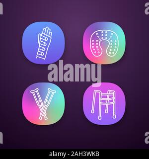 Trauma treatment app icons set. Wrist brace, neck pillow, axillary crutches, walker. UI/UX user interface. Web or mobile applications. Vector isolated Stock Vector