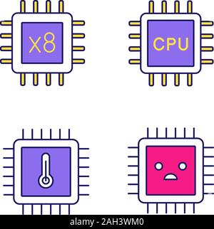 Processors color icon. Octa core, CPU processors, microprocessor temperature, sad chip. Isolated vector illustration Stock Vector