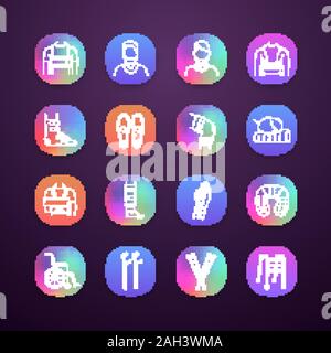 Trauma treatment app icons set. Orthopedic equipment. Braces and bandages, crutches. Injuries, broken legs and arms recovery. Mobility aid. UI/UX user Stock Vector