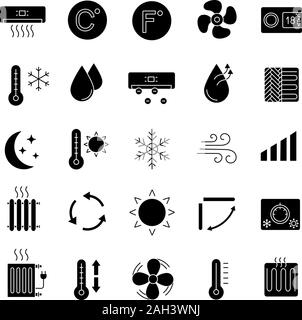 Air conditioning glyph icons set. Air heating, humidification, ionization, ventilation. Climate control. Silhouette symbols. Vector isolated illustrat Stock Vector