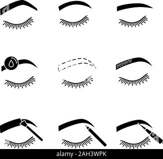 Eyebrows shaping glyph icons set. Arched, rounded, straight brows, makeup removal, microblading, tattooing, eyebrows contouring, tinting with pencil. Stock Vector
