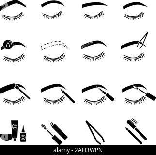 Eyebrows shaping glyph icons set. Brows microblading and tattoo procedure. Eyebrows permanent makeup. Brows tinting. Silhouette symbols. Vector isolat Stock Vector