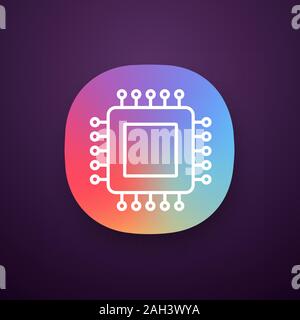 Processor app icon. UI/UX interface. Microprocessor. CPU. Central processing unit. Integrated circuit. Computer, phone processor. Microchip, chipset, Stock Vector