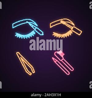 Eyebrows shaping neon light icons set. Steep arched and rounded ...