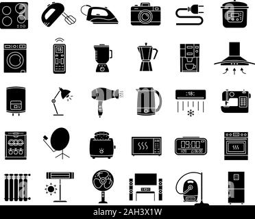 Appliance glyph icons set. Home and kitchen electronics. Domestic technology. Fridge, vacuum cleaner, washing machine, mixer, dishwasher, oven, stove. Stock Vector