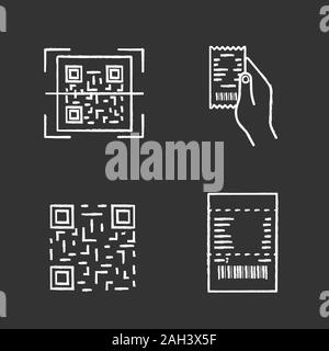 Barcodes chalk icons set. QR code scanning, paper receipt in hand, matrix barcode, paper check. Isolated vector chalkboard illustration Stock Vector