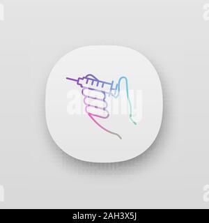 Injection app icon. UI/UX user interface. Hand holding syringe. Doctor’s hand. Neurotoxin injection. Vaccination. Treatment. Web or mobile application Stock Vector