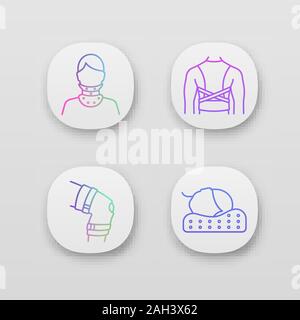 Trauma treatment app icons set. Cervical collar, posture corrector, knee brace, orthopedic pillow. UI/UX user interface. Web or mobile applications. V Stock Vector