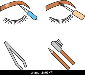 Eyebrows shaping color icons set. Brows microblading, mascara, cosmetic tweezer, eyebrows contouring pencil with brush. Isolated vector illustrations Stock Vector