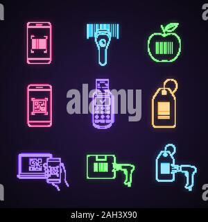 Barcodes neon light icons set. Smartphone barcode scanning app, handheld scanner, product bar code, cash receipt, parcel, hang tag linear codes readin Stock Vector