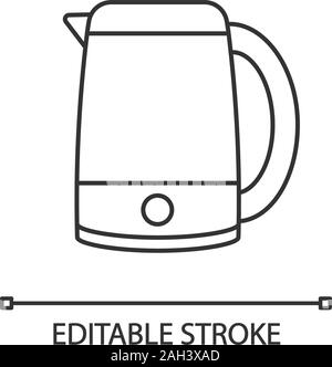 Electric kettle linear icon. Hot water pot. Thin line illustration. Kitchen appliance. Contour symbol. Vector isolated outline drawing. Editable strok Stock Vector