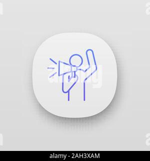 Protester app icon. Protest individual action. Breaking news. Protest speech. Man shouting slogans. Person holding megaphone. UI/UX interface. Web or Stock Vector