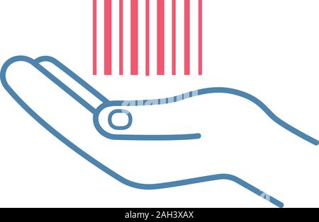 Hand holding barcode color icon. One dimensional code. Barcode generator service. Merchandising. Retail. Linear bar code in hand. Isolated vector illu Stock Vector