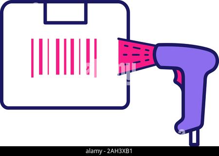 Box label scanning with barcode scanner color icon. Parcel bar code identification. Linear bar code handheld reader. Inventory control. Delivery servi Stock Vector