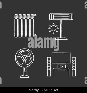 Household appliance chalk icons set. Radiators, infrared heater, stand floor fan, home theater system with TV. Isolated vector chalkboard illustration Stock Vector