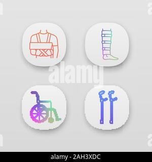 Trauma treatment app icons set. UI/UX user interface. Shoulder immobilizer, shin brace, wheelchair, elbow crutches. Web or mobile applications. Vector Stock Vector