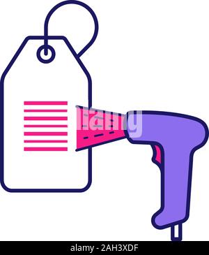 Barcode reader scanning hang tag color icon. Store price label scanning with bar code reader. Shopping center labels reading. Linear barcodes scanner. Stock Vector